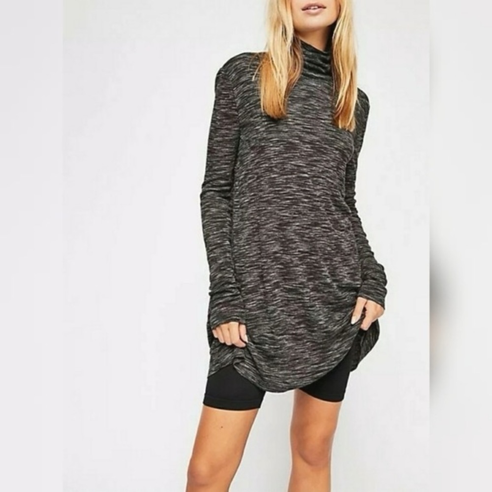 Free People Heathered Turtle Neck Slit Back Long Sleeve Tunic